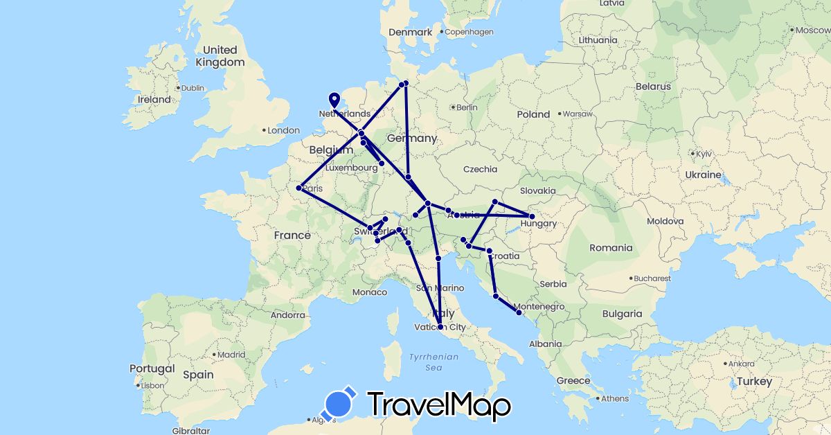 TravelMap itinerary: driving in Austria, Switzerland, Germany, France, Croatia, Hungary, Italy, Netherlands, Slovenia (Europe)
